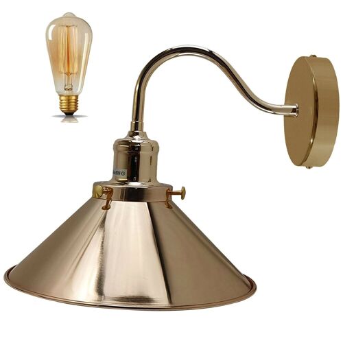 Retro Industrial Swan Neck Wall Light Indoor Sconce Metal Cone Shape Shade For  Basement, Bedroom, Dining Room, Garage~1196 - French Gold - With Bulb