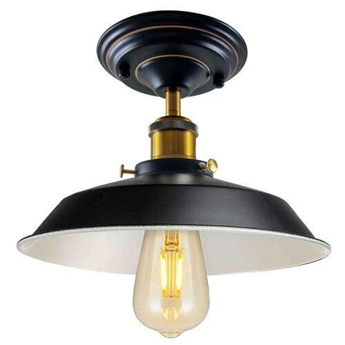 Industrial Vintage Flush Mount Ceiling Light Black Metal Bowl Lampshade Fixture Indoor Lighting~1209 - With Bulb
