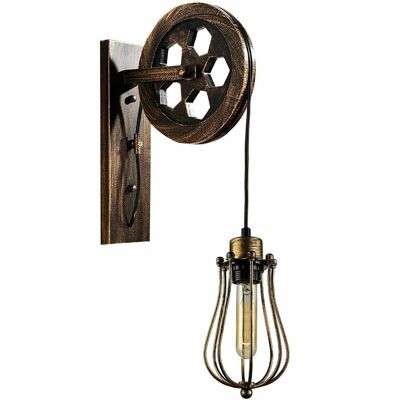Retro Industrial Pulley Wheel Wall Light Fixture Metal Balloon Cage Shade Indoor Light Fitting~1212 - Brushed Copper - With Bulb