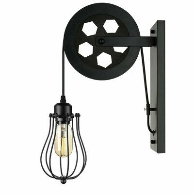 Retro Industrial Pulley Wheel Wall Light Fixture Metal Balloon Cage Shade Indoor Light Fitting~1212 - Black - With Bulb