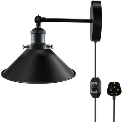 Moderne schwarze Plug-Wandleuchte mit kegelförmigem Metallschirm für den Innenbereich, für Zuhause, Büro/Arbeitszimmer, Küche, Wohnzimmer, Lounge, Terrasse, Spielzimmer, Veranda, Terrasse ~ 1217 – ohne Glühbirne