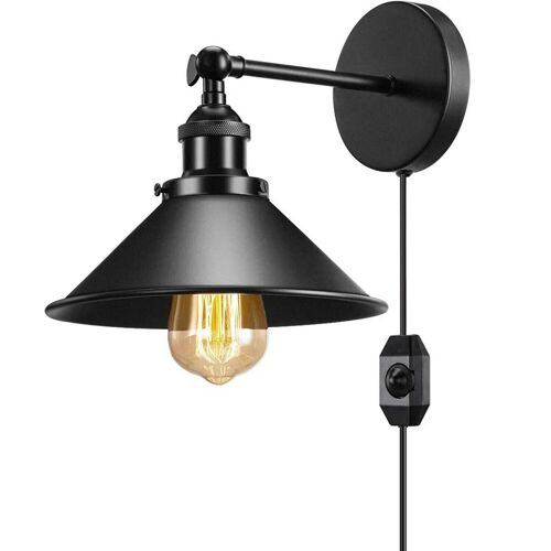 Modern Black Plugin Wall Light Fitting Cone Metal Shade Indoor Sconce Light For Home Office/Study, Kitchen, Living Room, Lounge, Patio, Playroom, Porch, Terrace~1217 - With Bulb