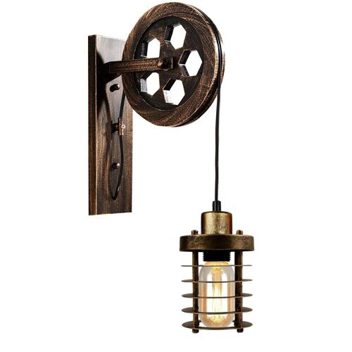 Industrial Wall Mounted Pulley Wheel Light Retro Metal Cylinder Shape Shade Indoor Light Fixture~1222 - With Bulb - Brushed Copper