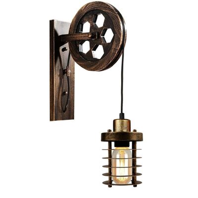 Industrial Wall Mounted Pulley Wheel Light Retro Metal Cylinder Shape Shade Indoor Light Fixture~1222 – With Bulb – Brushed Copper
