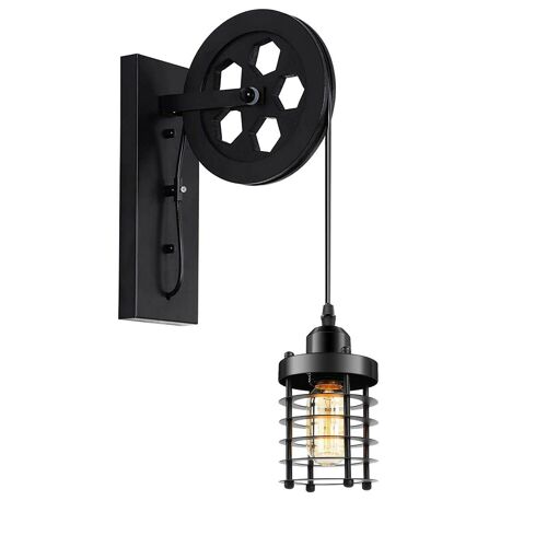 Industrial Wall Mounted Pulley Wheel Light Retro Metal Cylinder Shape Shade Indoor Light Fixture~1222 - With Bulb - Black
