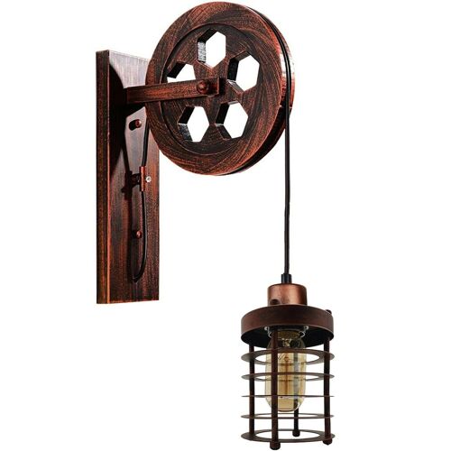 Industrial Wall Mounted Pulley Wheel Light Retro Metal Cylinder Shape Shade Indoor Light Fixture~1222 - With Bulb - Rustic Red
