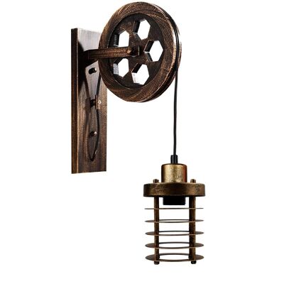 Industrial Wall Mounted Pulley Wheel Light Retro Metal Cylinder Shape Shade Indoor Light Fixture~1222 - Without Bulb - Brushed Copper