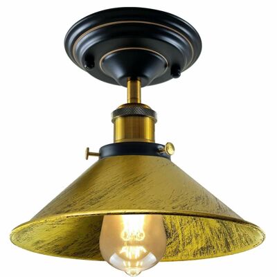 Vintage Industrial Retro Metal Indoor Ceiling Light Flush Mount Retro Cone Shade Lamp UK~1229 - With Bulb - Brushed Brass