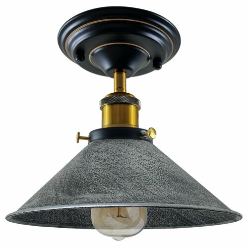 Vintage Industrial Retro Metal Indoor Ceiling Light Flush Mount Retro Cone Shade Lamp UK~1229 - With Bulb - Brushed Silver