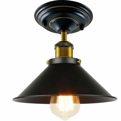 Vintage Industrial Retro Metal Indoor Ceiling Light Flush Mount Retro Cone Shade Lamp UK~1229 - With Bulb - Black