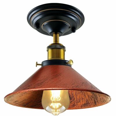 Vintage Industrial Retro Metal Indoor Ceiling Light Flush Mount Retro Cone Shade Lamp UK~1229 - With Bulb - Rustic Red