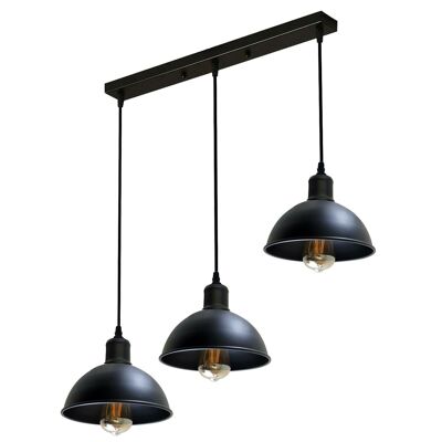 Suspension de plafond vintage industrielle à 3 têtes, suspension noire, abat-jour en forme de dôme en métal, luminaire d'intérieur ~ 1242 - avec ampoule