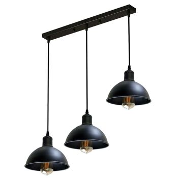 Suspension de plafond vintage industrielle à 3 têtes, suspension noire, abat-jour en forme de dôme en métal, luminaire d'intérieur ~ 1242 - avec ampoule 1