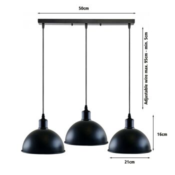 Suspension de plafond vintage industrielle à 3 têtes, suspension noire, abat-jour en forme de dôme en métal, luminaire d'intérieur ~ 1242 - avec ampoule 2