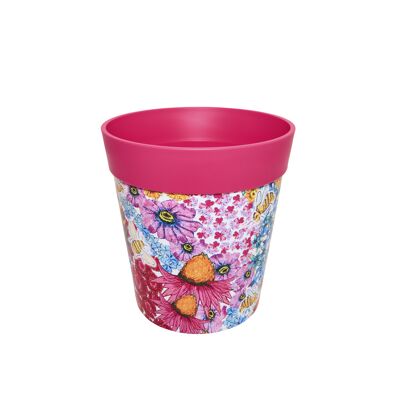 Pink flowers & bees, plastic indoor/outdoor pots 22cm x 22cm