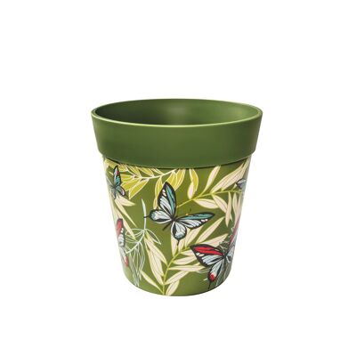 plastique vert motif 'palmiers papillons', pot intérieur/extérieur moyen 22cm