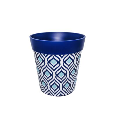 blue plastic, peacock feather pattern, medium 22cm indoor/outdoor pot