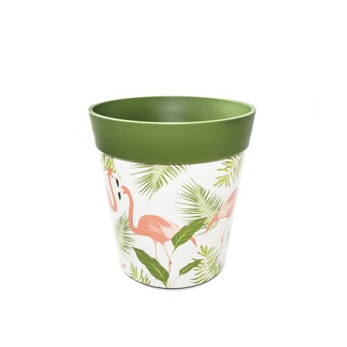 green plastic, flamingo pattern, medium 22cm indoor/outdoor pot