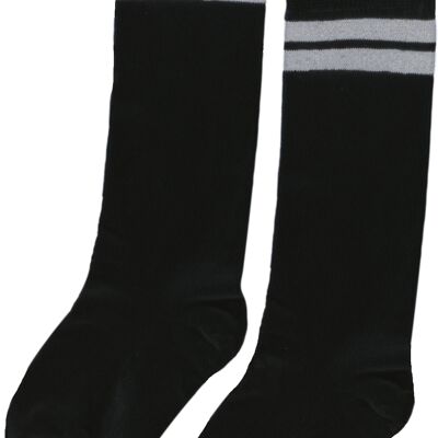 2 pares de calcetines hasta la rodilla negros con rayas blancas.