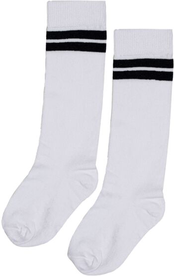 2 paires de chaussettes montantes blanches à rayures noires. 1