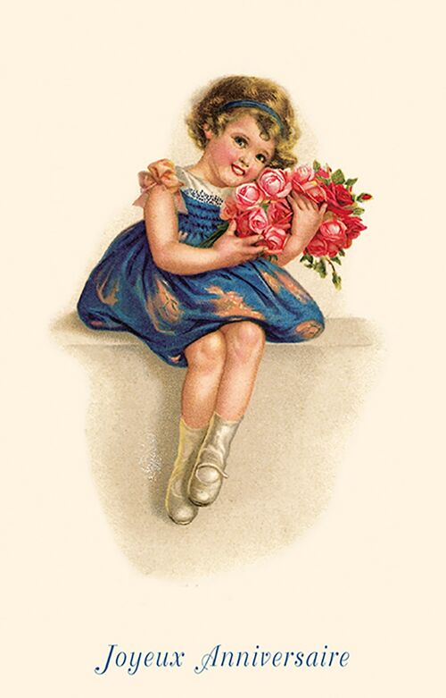 Carte postale fillette au bouquet