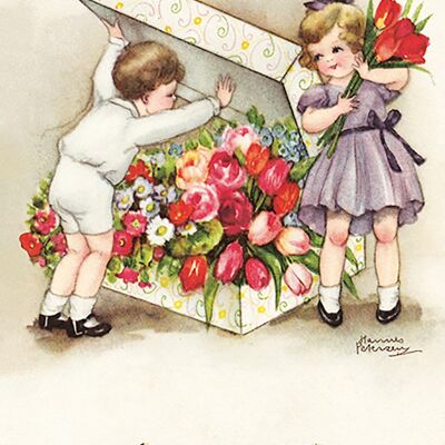 Postal con caja de flores