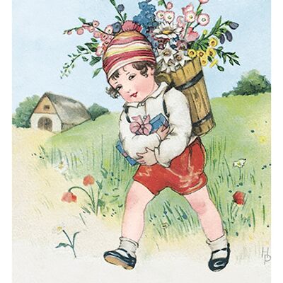 Carte postale garçon et sa hotte fleurie
