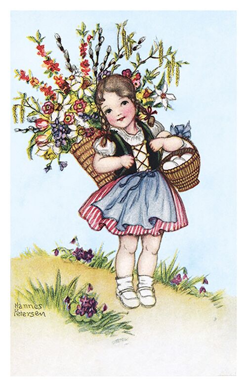 Carte postale fillette et sa hotte fleurie