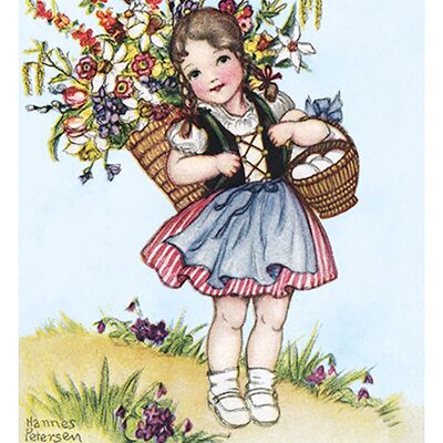 Carte postale fillette et sa hotte fleurie