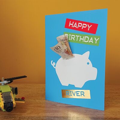 El cerdo de cumpleaños relleno | Tarjeta de dinero A5 hecha a mano, personalizada.