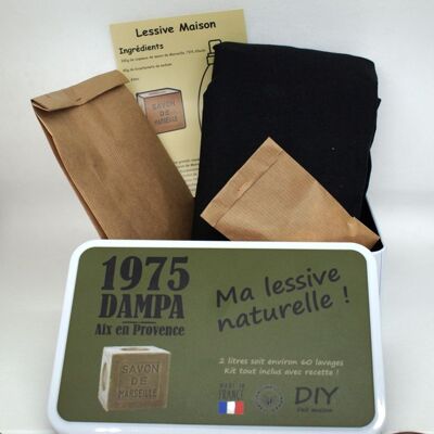 Natural laundry kit with black apron in a metal box