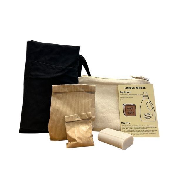 Kit lessive naturelle avec tablier noir dans une trousse coton écru