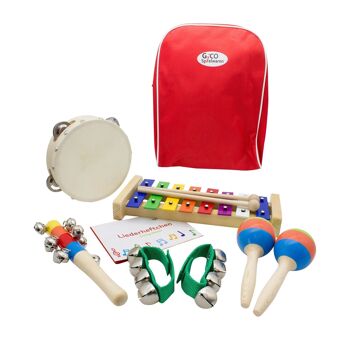 Ensemble "Musique dans le sac à dos" pour enfants : xylophone, tambourin, tambourin, bracelets et maracas - 3878-Rouge