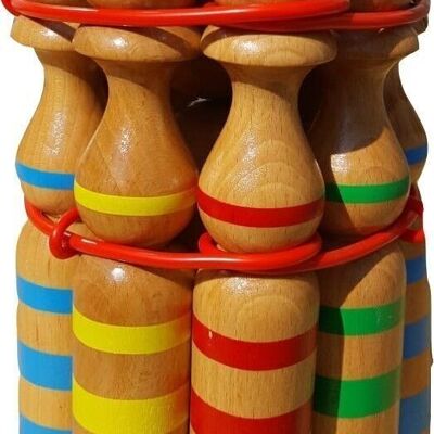 Wooden skittle set Bowling large for children and adults - solid wood 24 cm, striped - 3025