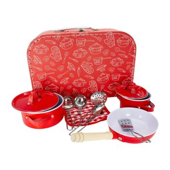 Mallette de jeu set de cuisine rouge pour enfant dans une mallette de transport avec casseroles, poêles, maniques, plats en métal 37833 1