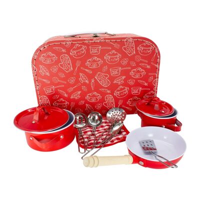 Play case cooking set red for children in a carrying case with pots, pans, pot holders, metal dishes 37833