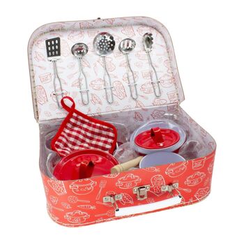 Mallette de jeu set de cuisine rouge pour enfant dans une mallette de transport avec casseroles, poêles, maniques, plats en métal 37833 2