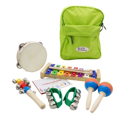 Ensemble "Musique dans le sac à dos" pour enfants : xylophone, tambourin, bâton de cloche, bracelets de cloche et maracas - 3878-Vert
