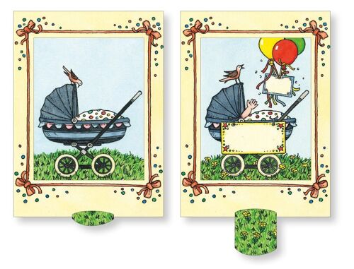 Lebende Karte Kinderwagen, hochwertige Lamellen-Postkarte / Geburt