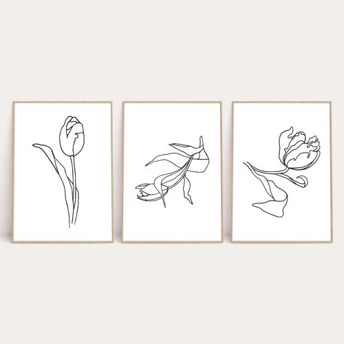 Set Of 3 Flowers Simple Line Work Bedroom Print A4 High Gloss