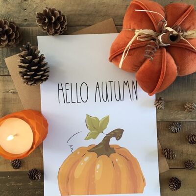 Hello Autumn Half Pumpkin Autumn Seasonal Home Print A2 de alto brillo