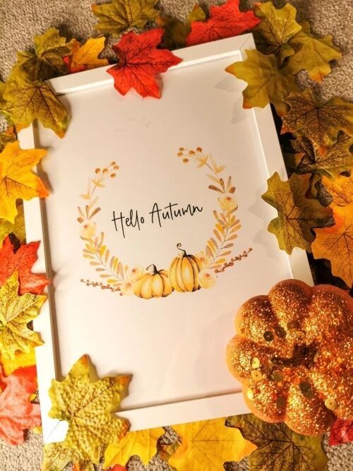 Hello Autumn Pumpkin Wreath Autumn Seasonal Home Print A2 High Gloss