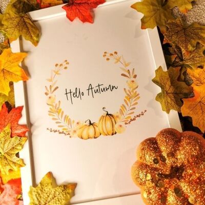 Hello Autumn Pumpkin Wreath Autumn Seasonal Home Print A2 High Gloss