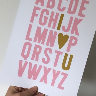 ABC I HEART YOU Pink Gold Childrens Room Print A4 High Gloss
