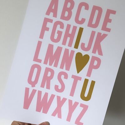 ABC I HEART YOU Pink Gold Childrens Room Print A3 High Gloss