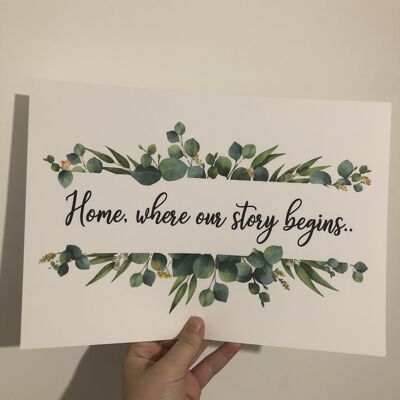 HomeWhere Our Story Begins Green Eucalyptus Floral Landscape A3 High Gloss