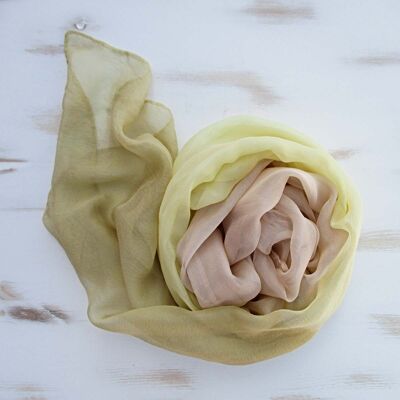 Hand-dyed silk scarf with plants. Sustainable colors.