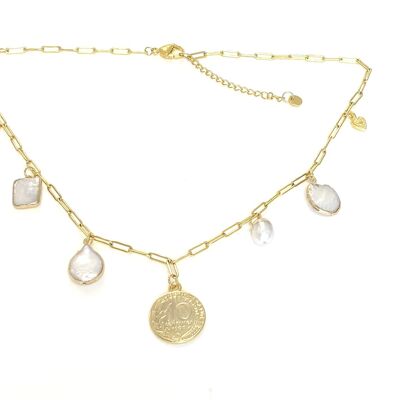 Collana in oro con perle d'acqua dolce e moneta