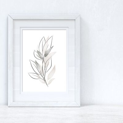 Natural Greys Watercolour Leaves Bedroom Home Print A4 High Gloss