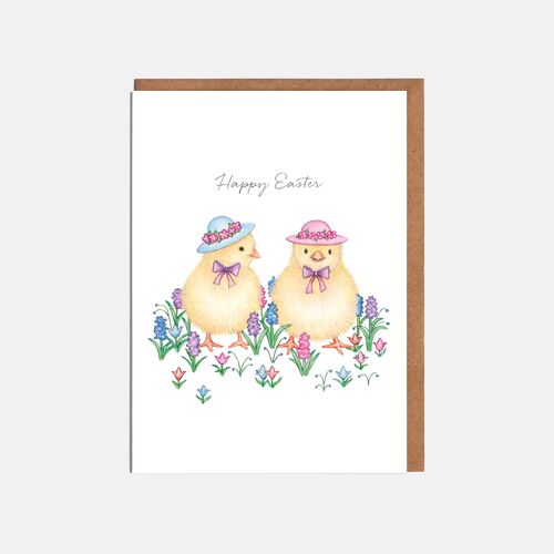 Chicks in Hats Easter Card - 'Happy Easter'